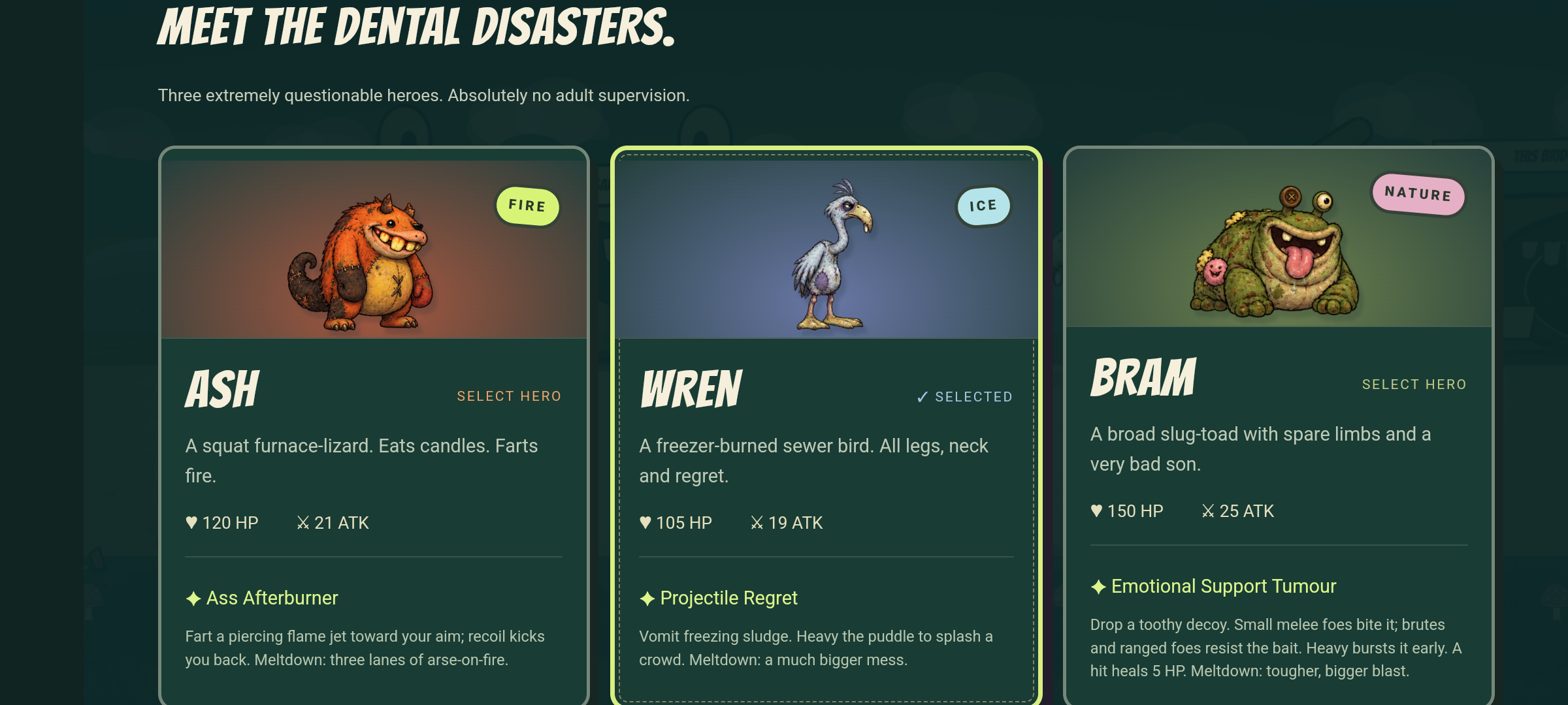 Ash, Wren, and Bram on the hero selection screen