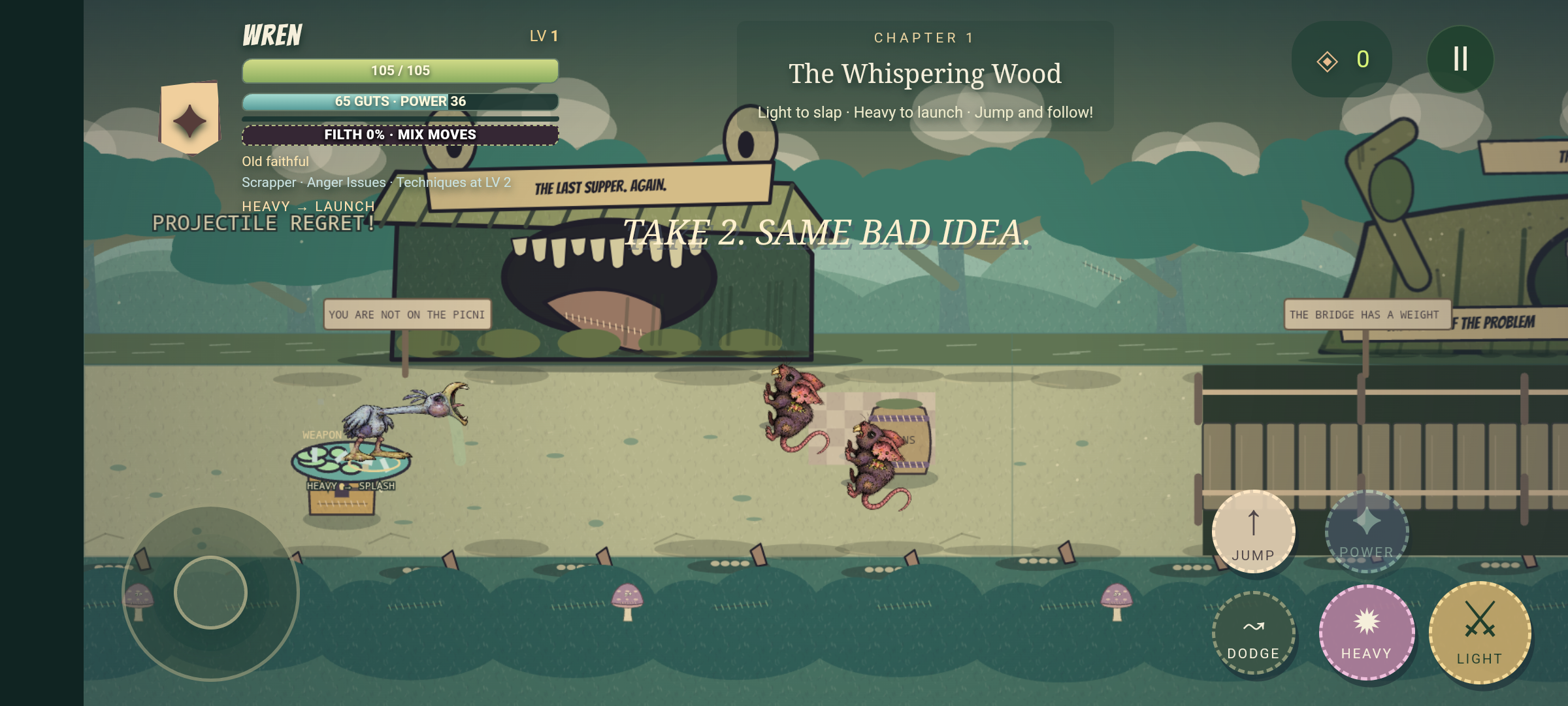 Wren fighting in the Whispering Wood with touch controls